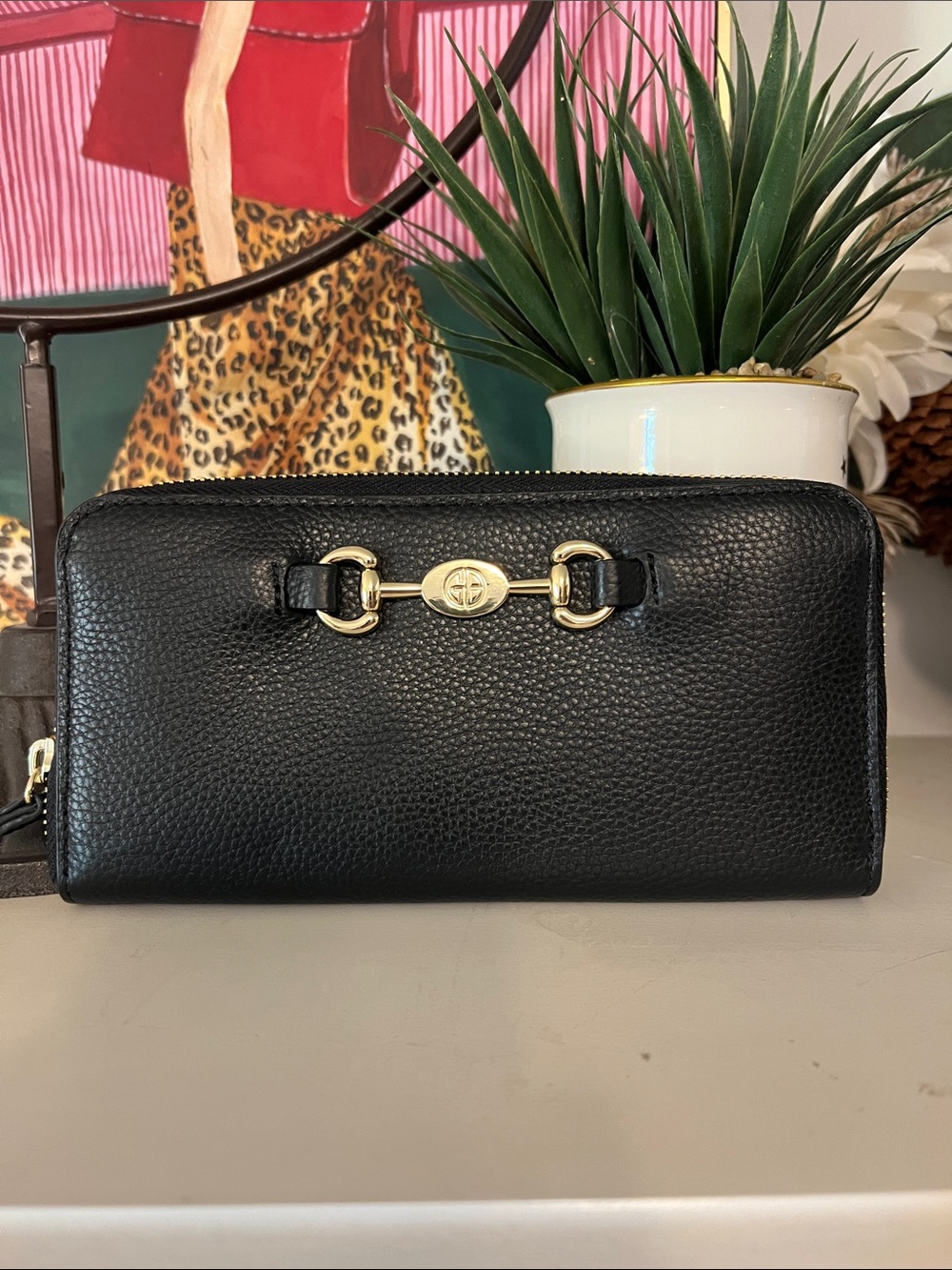 Gianni Bini Black Pebbled Zip Wallet with Gold Horsebit Detail